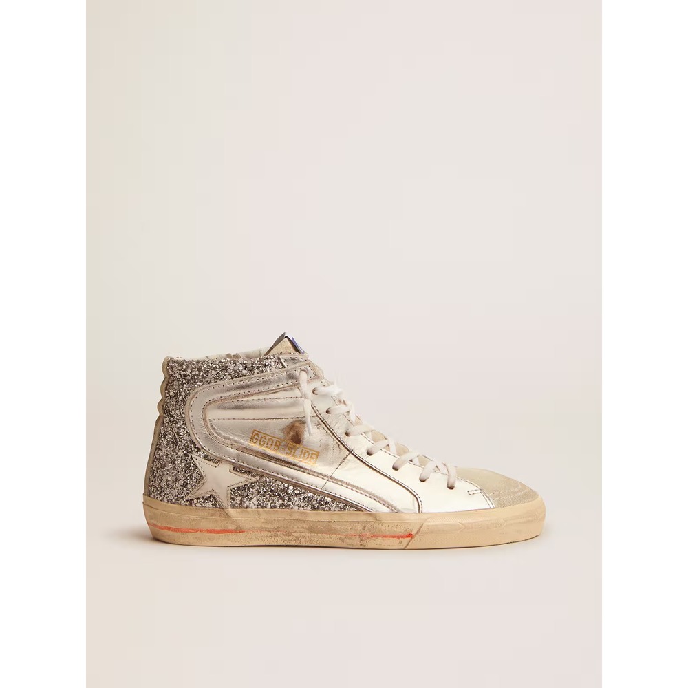 Golden Goose Slide with‎ Laminated Leather Upper and Silver Glitter Size 36